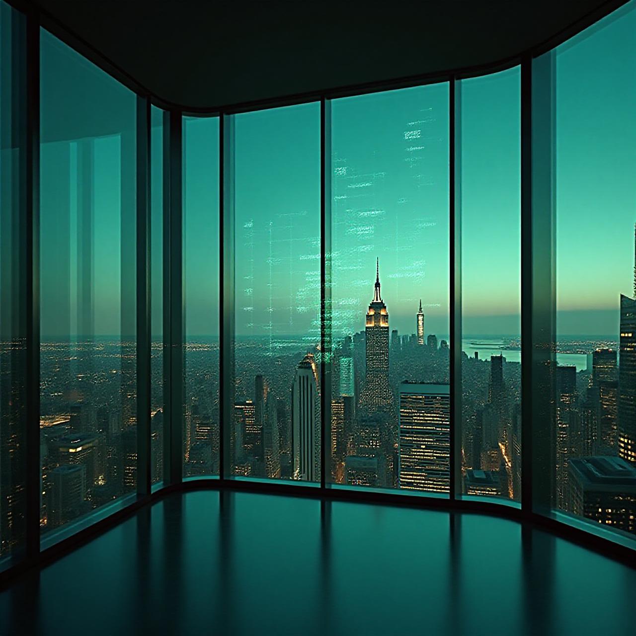 Modern financial boardroom overlook with data overlays
